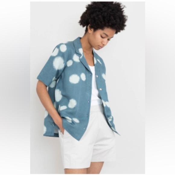 Folk Indigo Dot Soft Collar Linen Short Sleeve Button Up 3 Medium - Picture 2 of 8